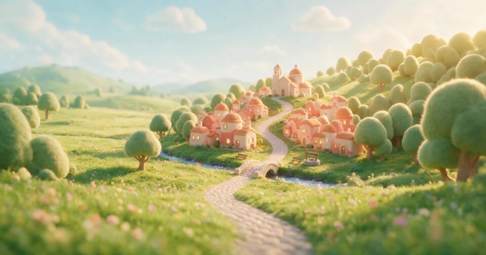 Caminho de pedras chegando a um vilarejo de casas pastel com janelas acesas
